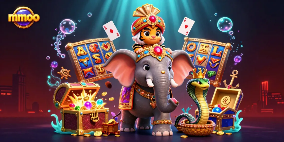 Engage in casino thrills with mmoo featuring a spirited maharaja, jewel-laden elephant, and dynamic slot elements.