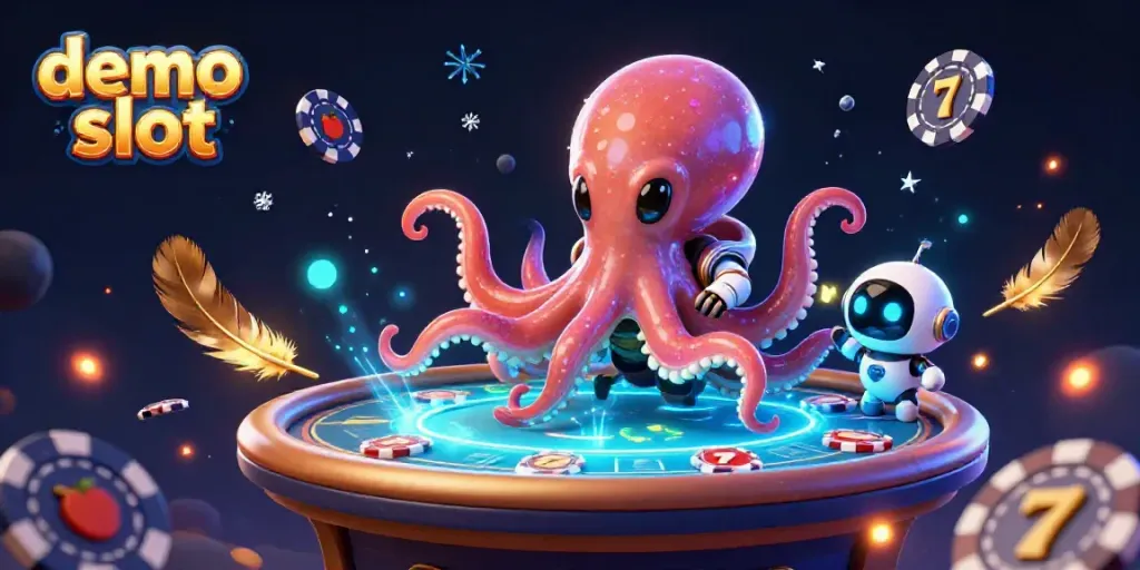 Mainkan demo slot dengan ilustrasi 3D karakter alien dan robot di meja poker holografik.