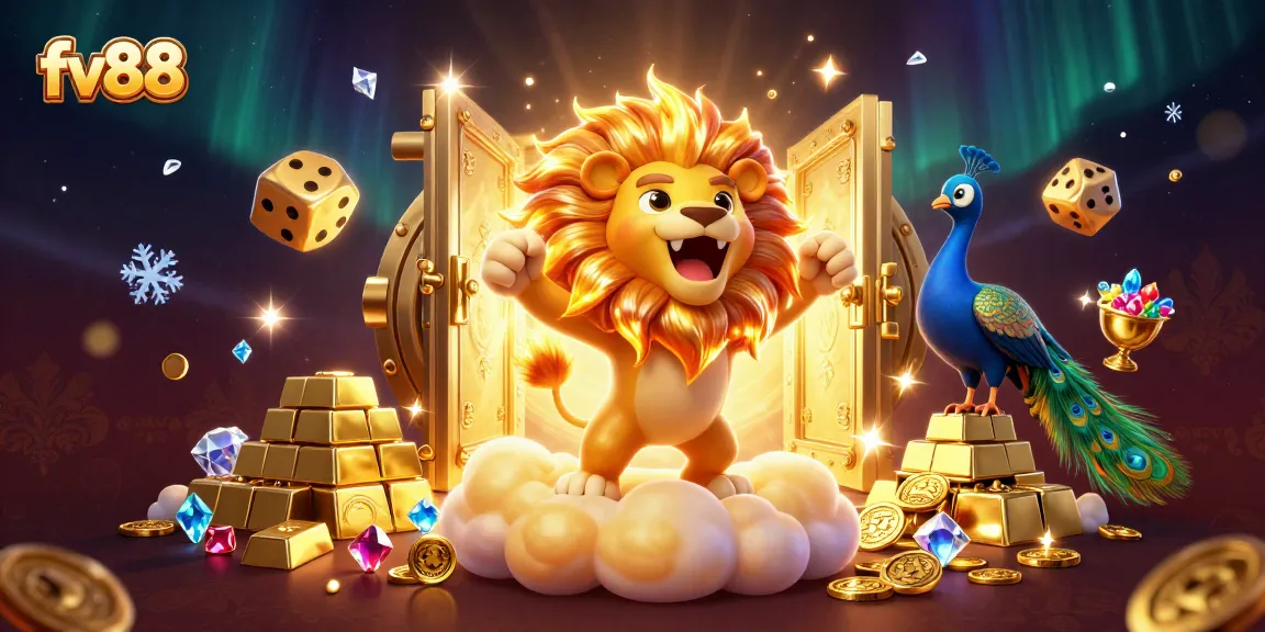 Experience the thrill of fv88 with vibrant gaming elements and a triumphant sun lion in a dazzling casino scene.