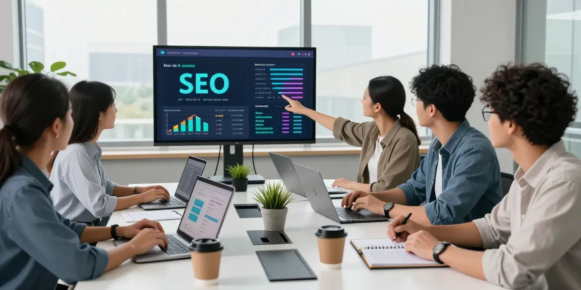Team collaborating on AI SEO tools strategies in a bright modern office setting