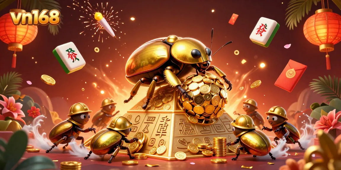 Engage in exciting games at vn168, featuring a vibrant 3D scene with golden beetles and casino elements.
