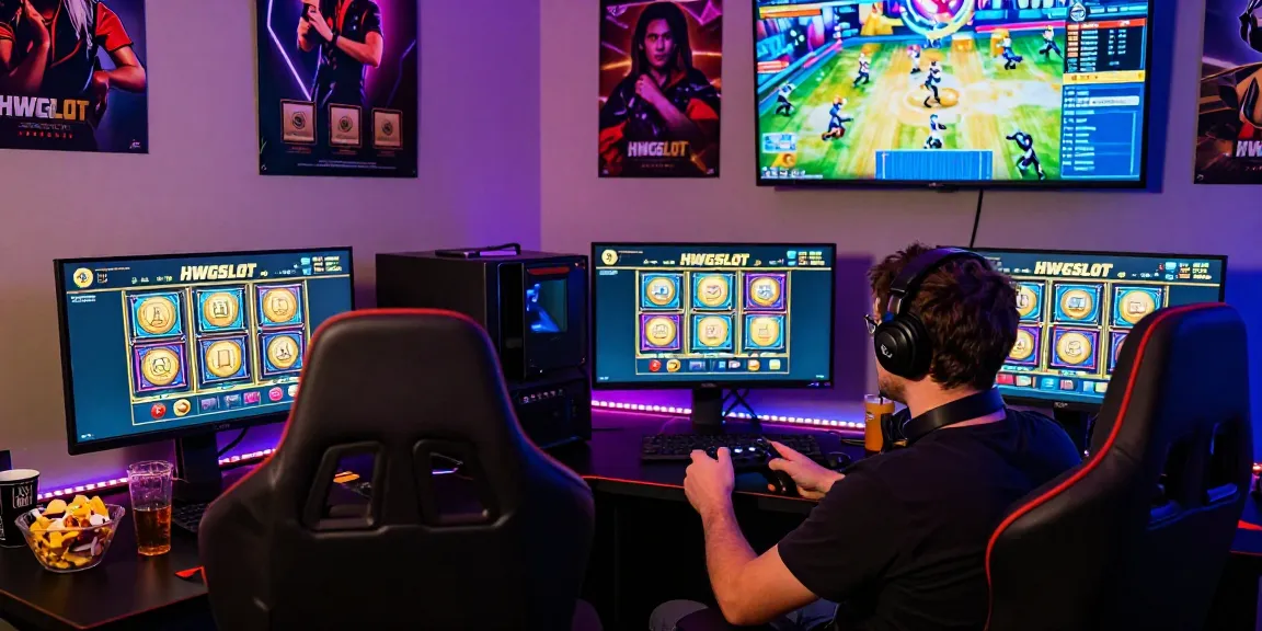 Engaged player enjoying HWGSLOT with vibrant game graphics and a lively gaming setup.