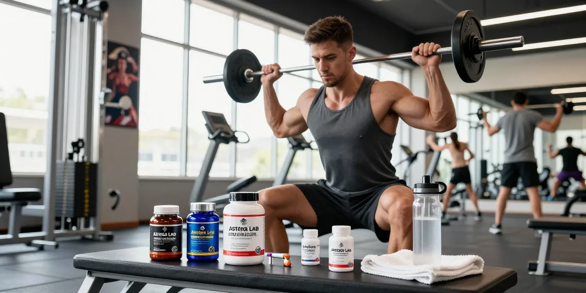 Active fitness enthusiast using Astera Shop products in a bright gym, focusing on weightlifting and training.