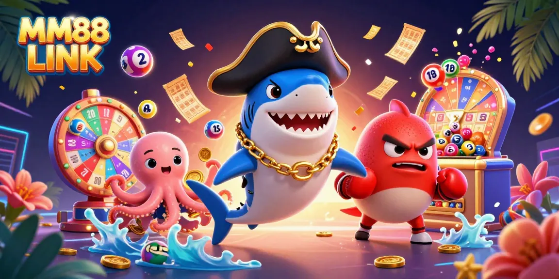 Join the excitement of MM88 LINK with cartoon characters in a vibrant casino scene full of games and prizes.