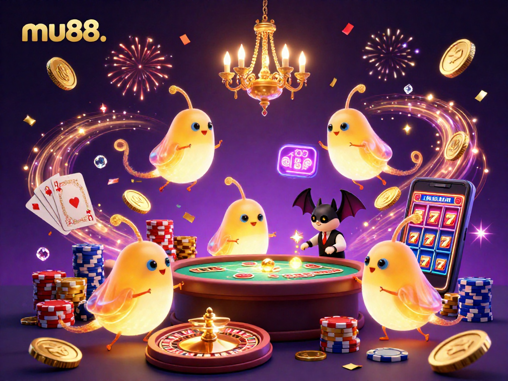 Experience mu88. with a vibrant casino scene featuring glowworms lighting up the gaming tables.