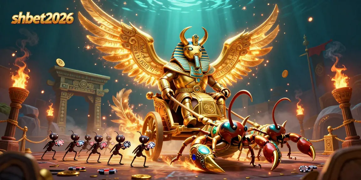 Engage with shbet2026 in a stunning 3D casino scene featuring a colossal golden scarab beetle and gambling elements.