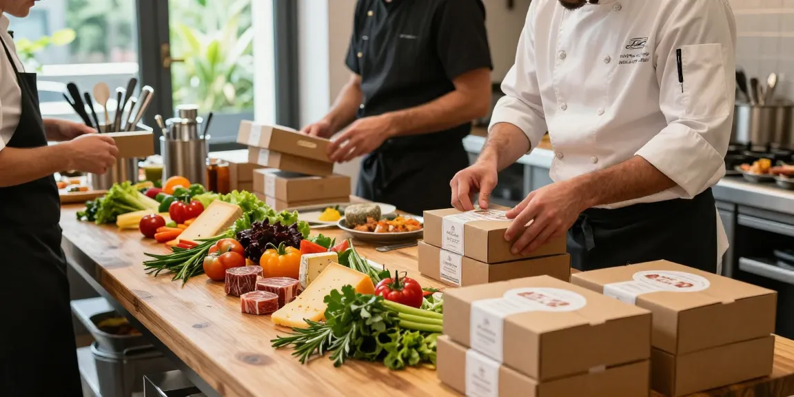 Chef preparing gourmet food boxes in a vibrant catering kitchen with fresh ingredients and soft natural light.