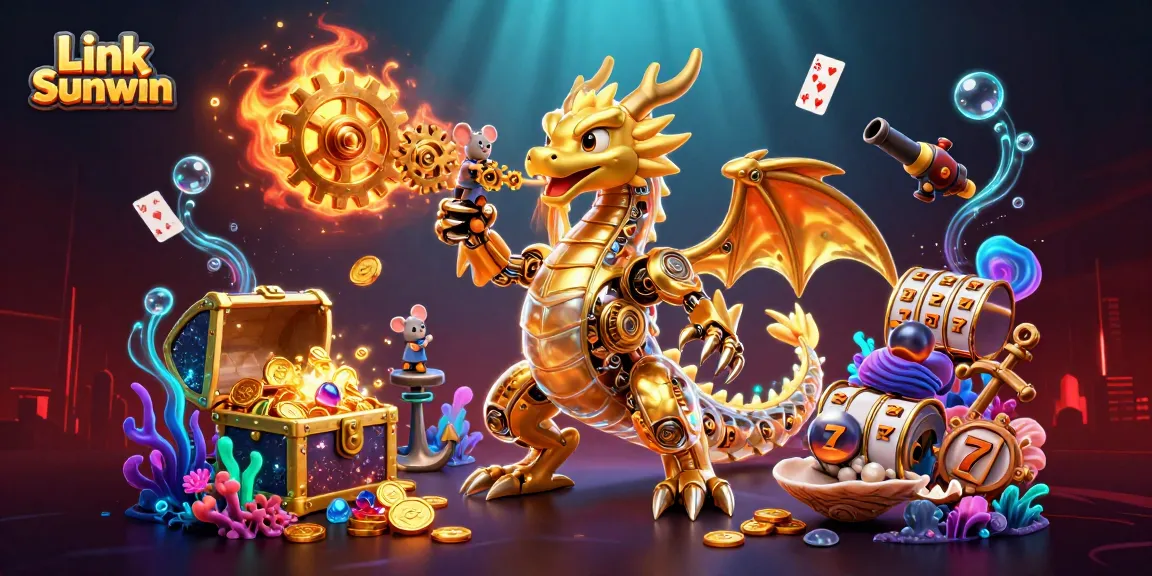 Immerse in the action with Link Sunwin as a golden dragon showcases thrilling slot games amid treasure