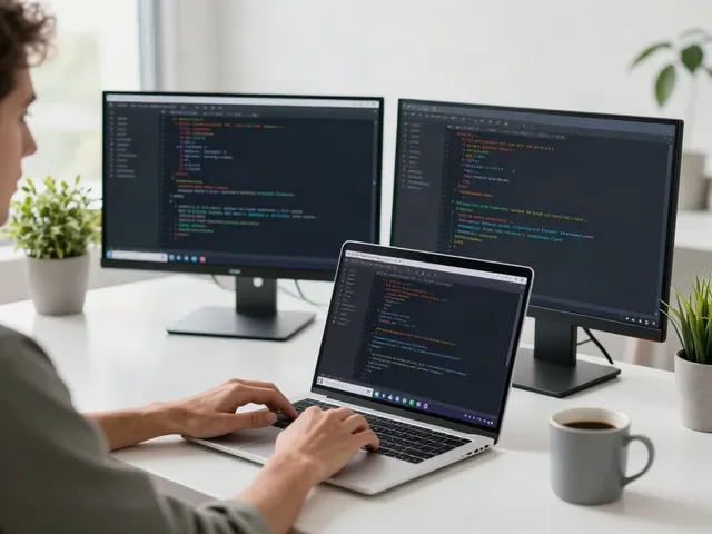Developer utilizing brave浏览器 in a modern workspace, surrounded by tech tools and natural light.