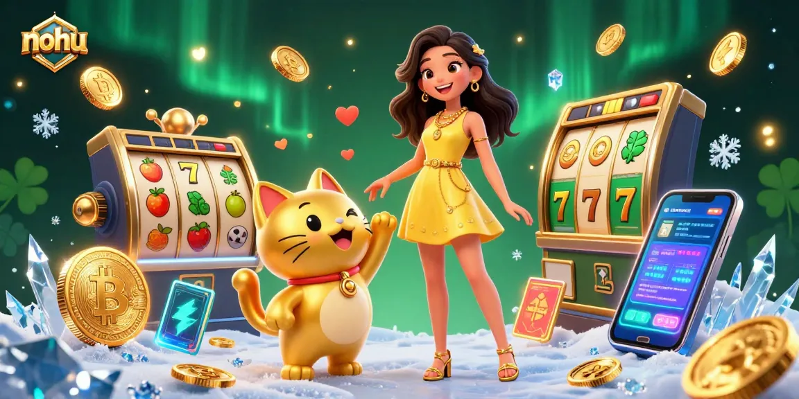 Win big with nohu as the cheerful Asian woman interacts with a lucky cat amidst floating coins and jackpot symbols.