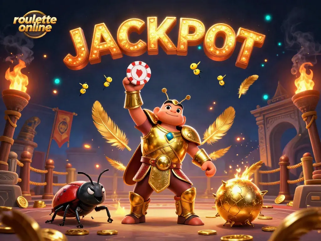 Engage in thrilling roullete online with a victorious beetle character amidst casino elements.