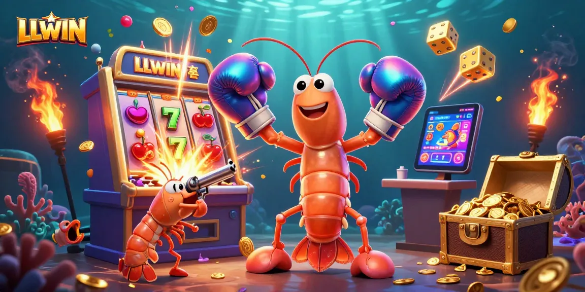 Experience thrilling jackpots with LLWIN's vibrant 3D digital casino animation featuring lively shrimp characters.