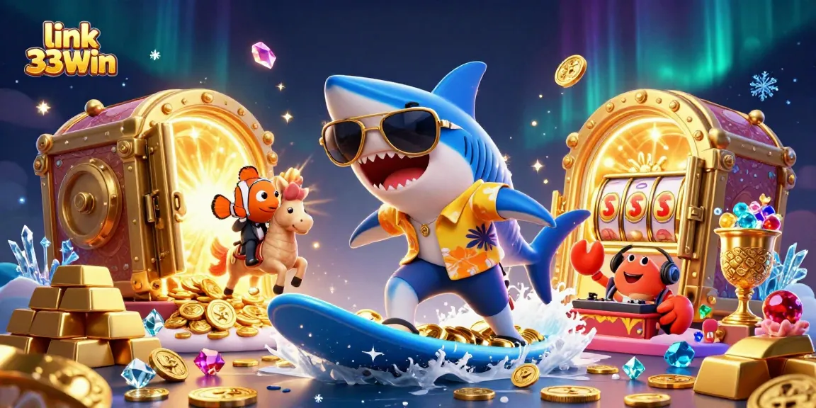 Spin and win at link 33Win, where a shark, clownfish, and DJ crab gamble with gold!