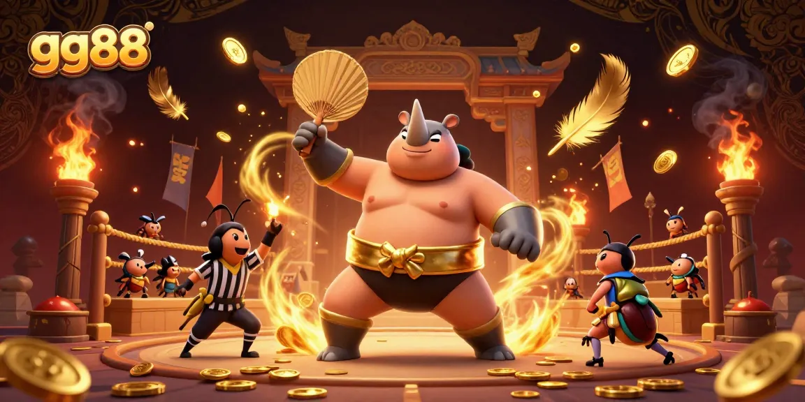 Experience the excitement of gg88 with a vibrant scene featuring a beetle sumo champion amid golden coins.
