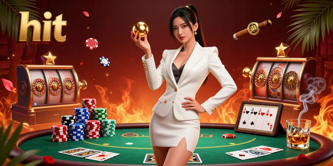 Engage with hit casino action featuring a confident woman holding a roulette ball surrounded by poker elements.