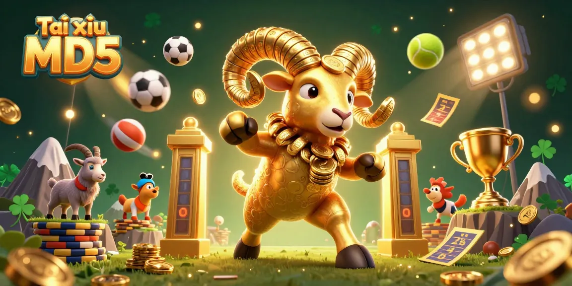 Experience thrilling Tài xỉu MD5 action illustrated with a golden ram amidst dynamic sports elements.
