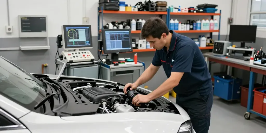 Expert technician at BMW werkstatt hannover inspecting engine with advanced tools.