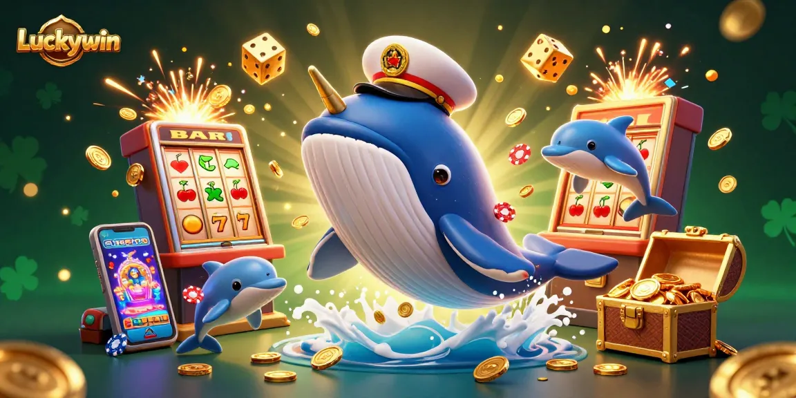 Betting big with Luckywin: 3D whale, narwhal, and dolphins in a vibrant casino scene.