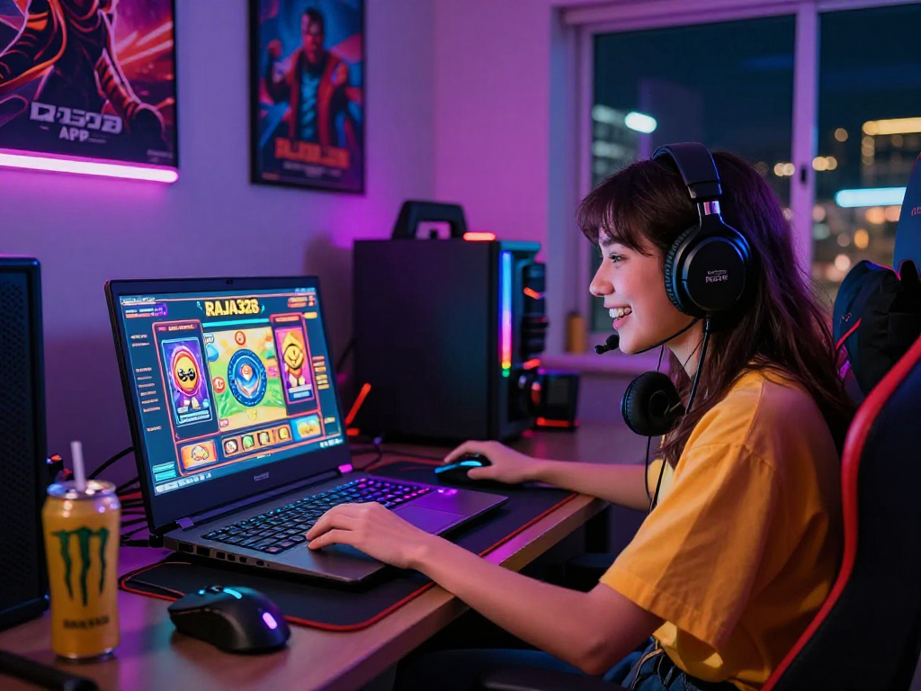 Player using raja328 apk in a vibrant gaming room with colorful decorations and accessories.