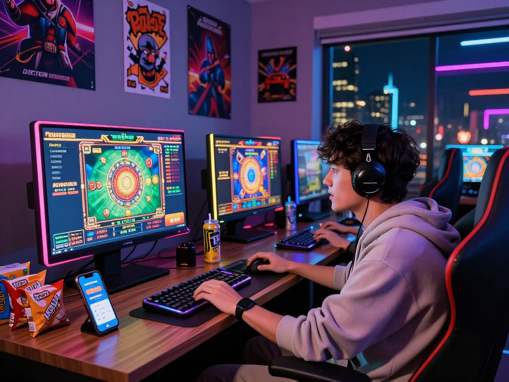 Engaged player enjoying gacor slot games on multiple screens in vibrant gaming setup.