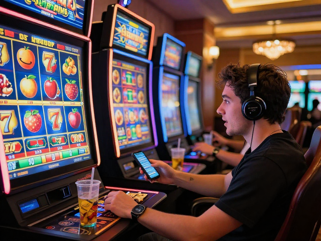 Engaged player enjoying link apizeus777 at an online casino, vibrant slot graphics, immersive gaming atmosphere.