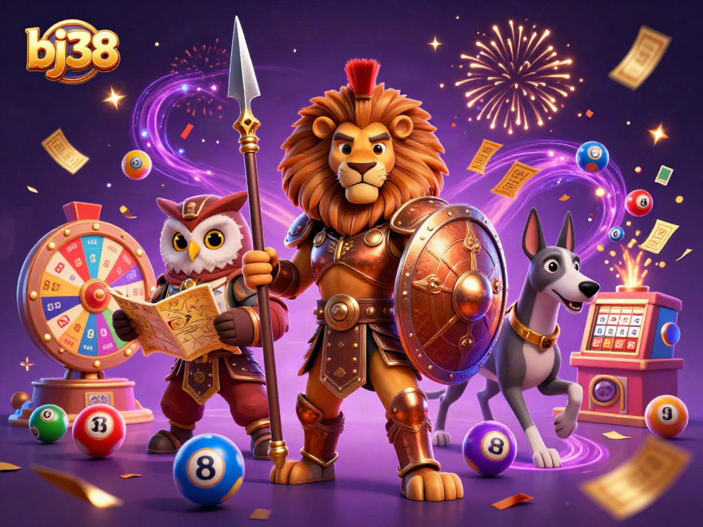 Engaging scene featuring bj38's Spartan lion, wise owl strategist, and swift greyhound amidst a lively casino atmosphere.