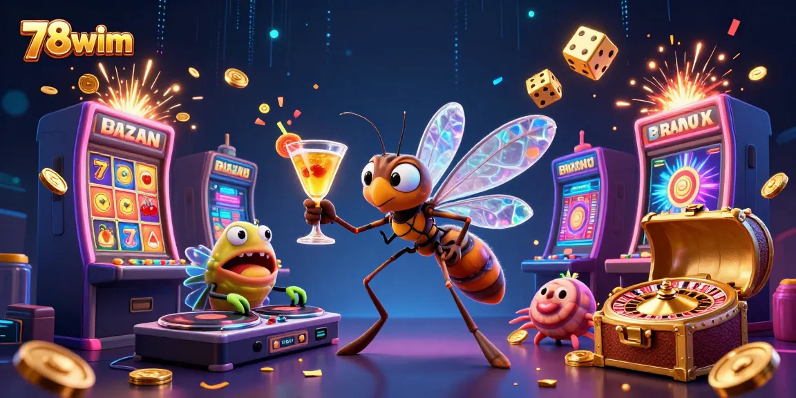 78wim activates excitement with a vibrant casino mascot and exhilarating gaming elements in a colorful scene.