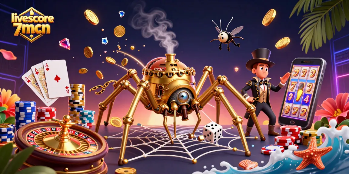 Experience the excitement of livescore 7mcn with a steampunk-inspired illustration of a golden spider in a casino-themed web.