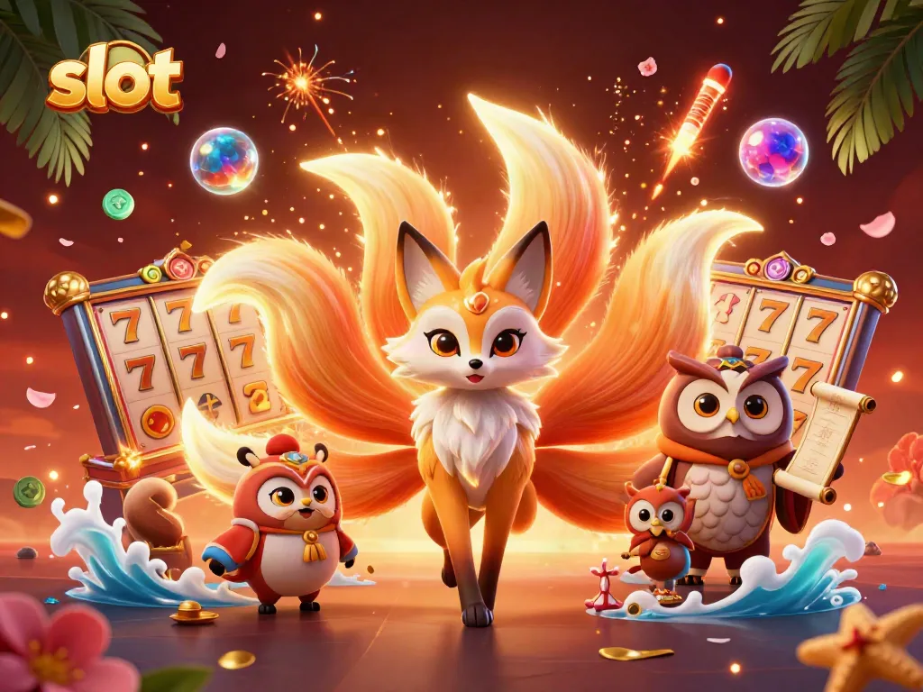 Engage in the exciting world of slots with a colorful nine-tailed fox and owl spirit.