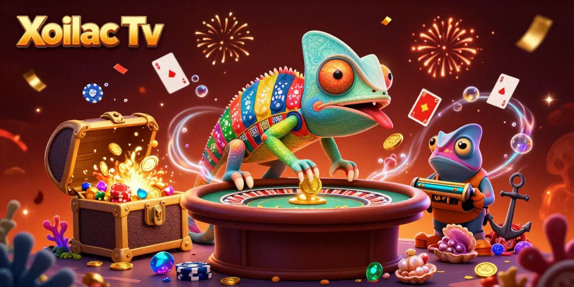 Xoilac Tv offers an exciting casino experience with colorful coins and vibrant characters during games.