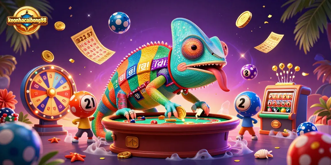 Engage with keonhacaibong88 as colorful lottery balls and golden prizes animate in a vibrant casino scene.