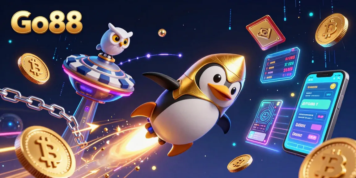 Experience the thrill of Go88 with a golden penguin and cosmic casino adventure.