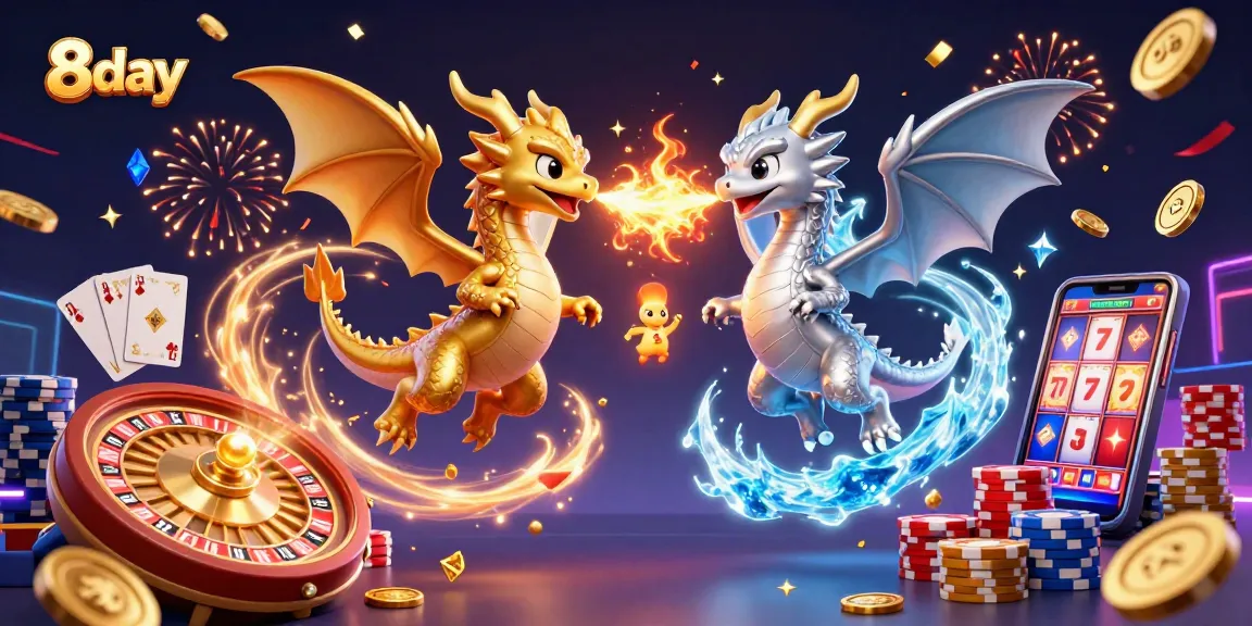 Experience dynamic gambling adventures at 8day with intertwined dragons, coins, and a roulette wheel.
