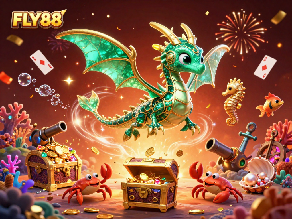 Experience FLY88's enchanting sea dragon amidst a treasure-filled underwater world, exciting casino elements