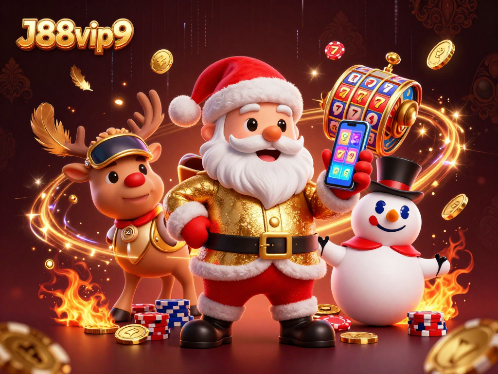 Engage with J88vip9 at this vibrant 3D casino scene featuring Santa, slots, and festive elements.
