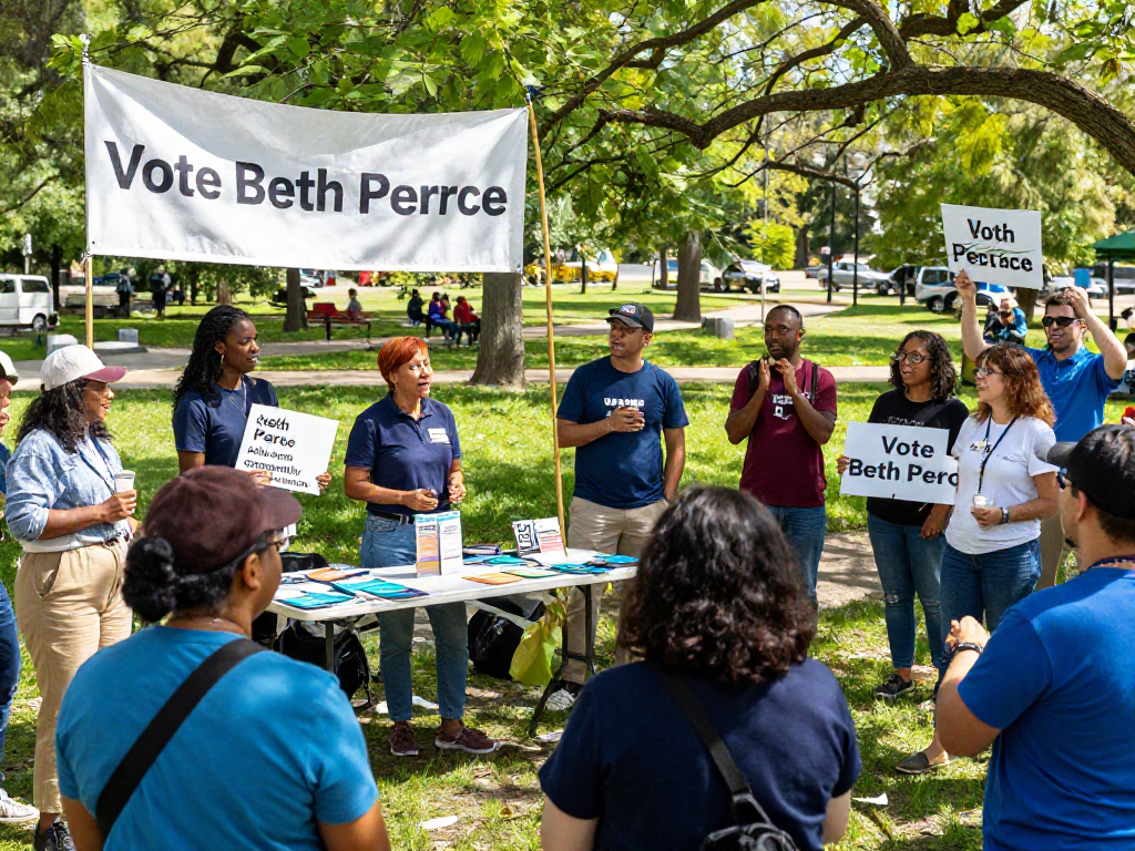 Supporters rallying with signs for rokok88 login and Beth Pearce in a vibrant park setting.