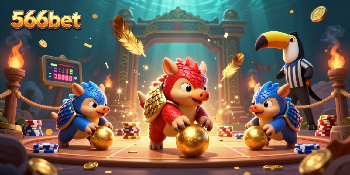 Engage in the excitement of 566bet with lively pangolins bowling through poker chips in a vibrant casino setting.