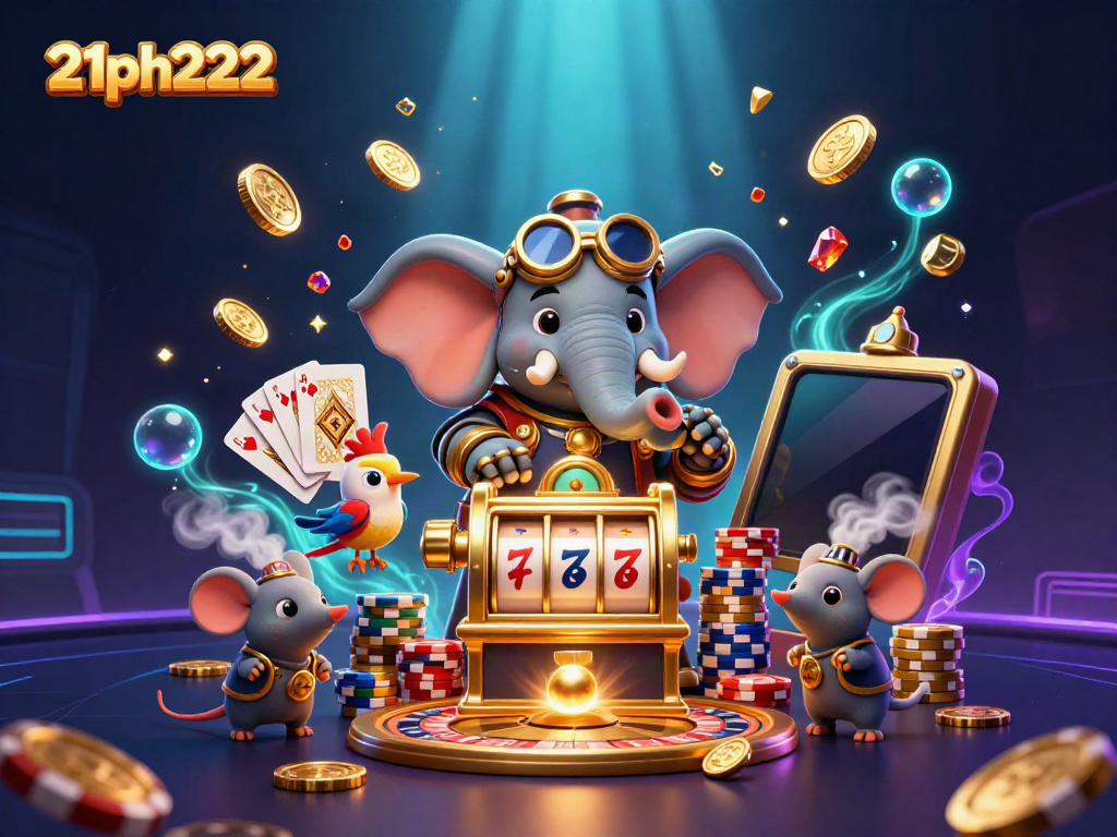 Experience the excitement of 21ph222 with a dynamic steampunk casino scene filled with dazzling slots and playful characters.