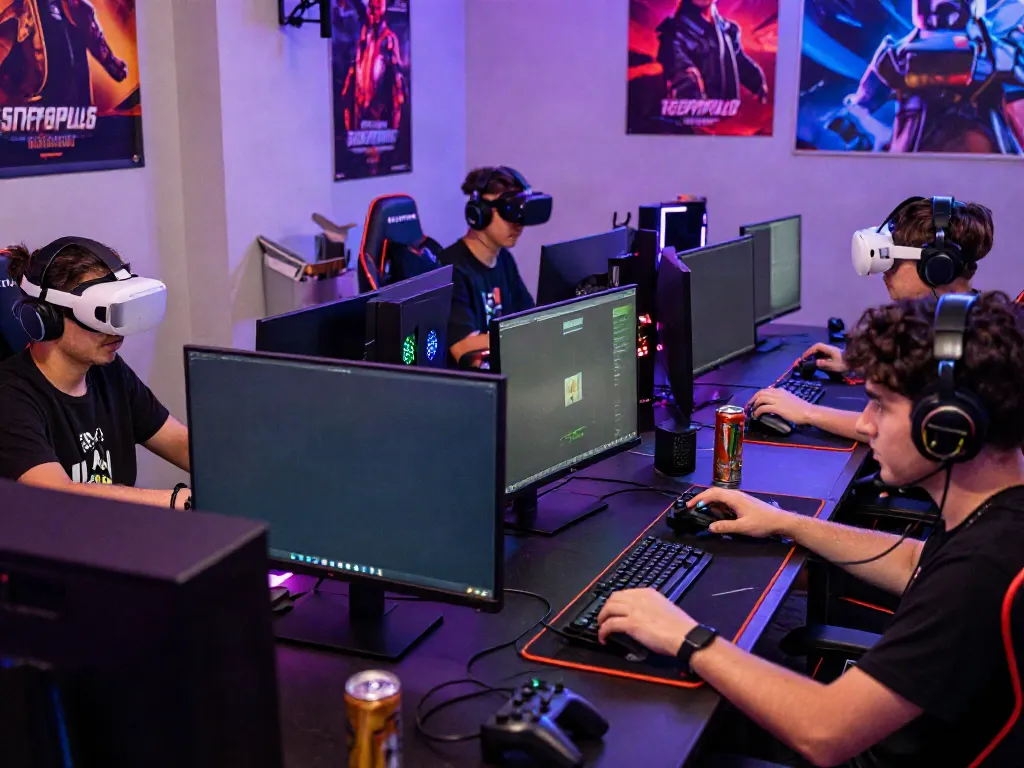Competitive online gaming environment featuring players focused on rokok88 games with headsets and LED lights.