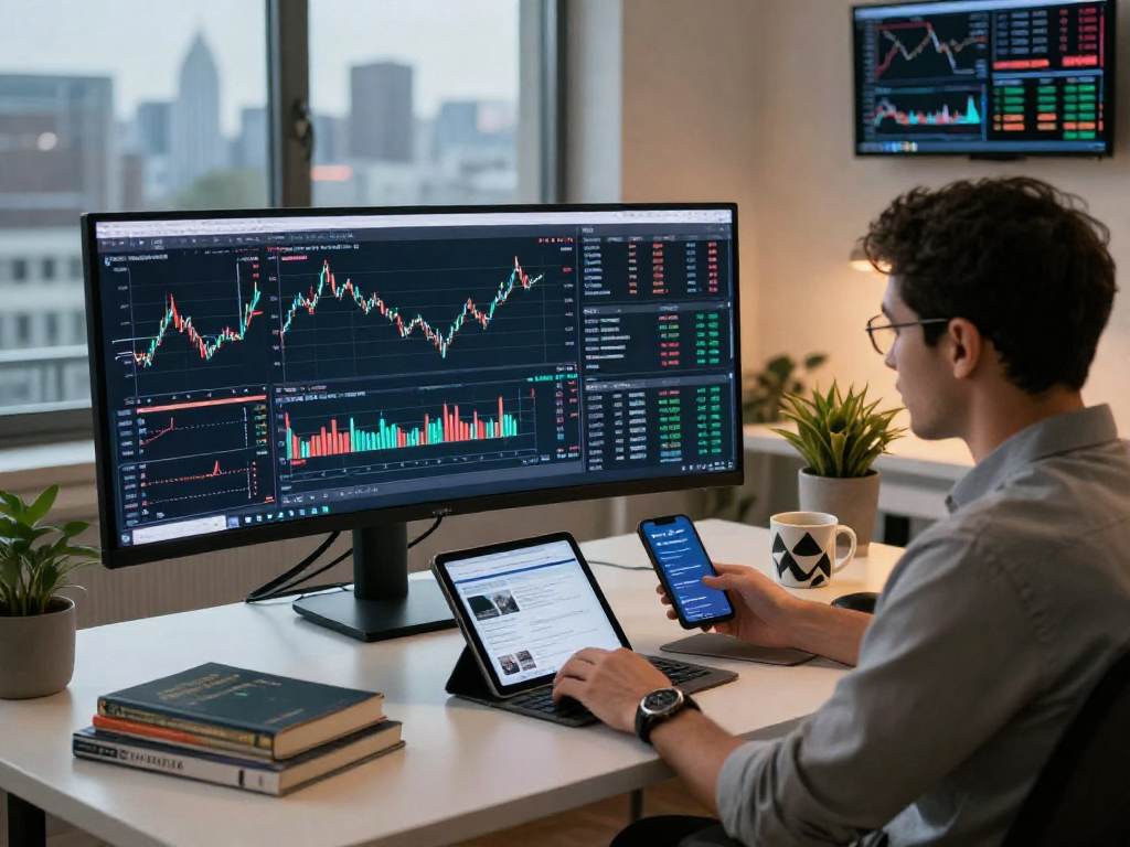 Focused trader using TradingView charts in a modern workspace featuring real-time market data and analytical tools.