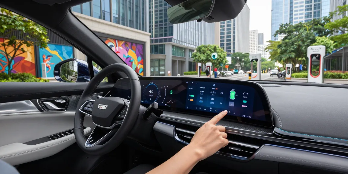 Driver adjusting modes in Cadillac Lyriq, illustrating how the driving modes in Cadillac Lyriq offer different ranges or battery usages.