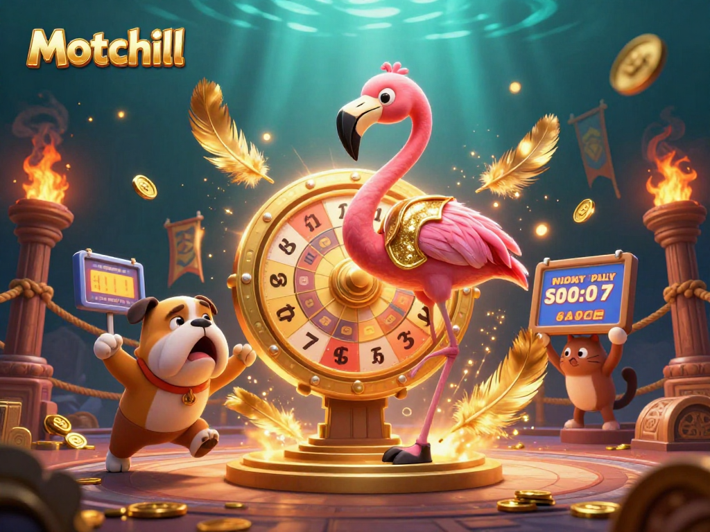 Motchill spins the golden prize wheel in an engaging online gambling scene with vibrant characters.