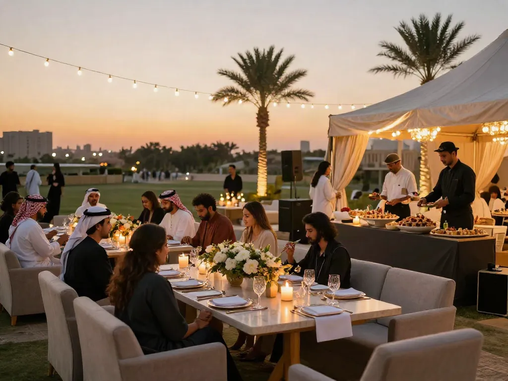 Outdoor event rental ksa showcasing elegant tent setup and dining experience.