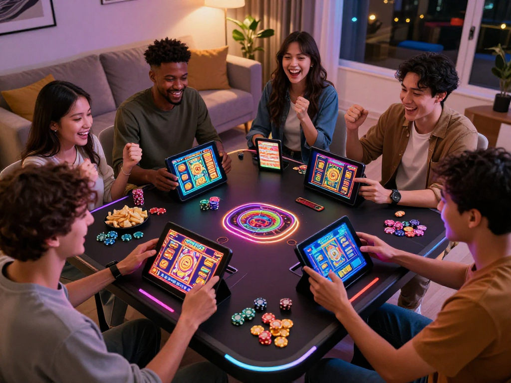 Group enjoying slot gacor games in a vibrant gaming setup, capturing social excitement and fun.
