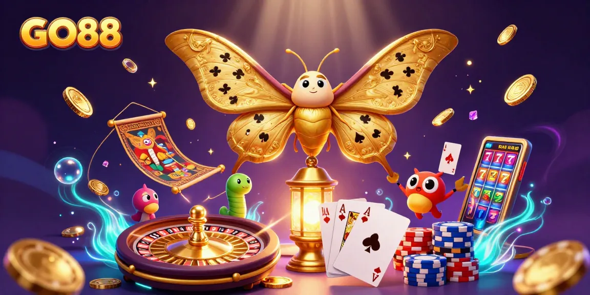 Win big with GO88 in this vibrant 3D casino scene featuring a moth and golden gaming elements.