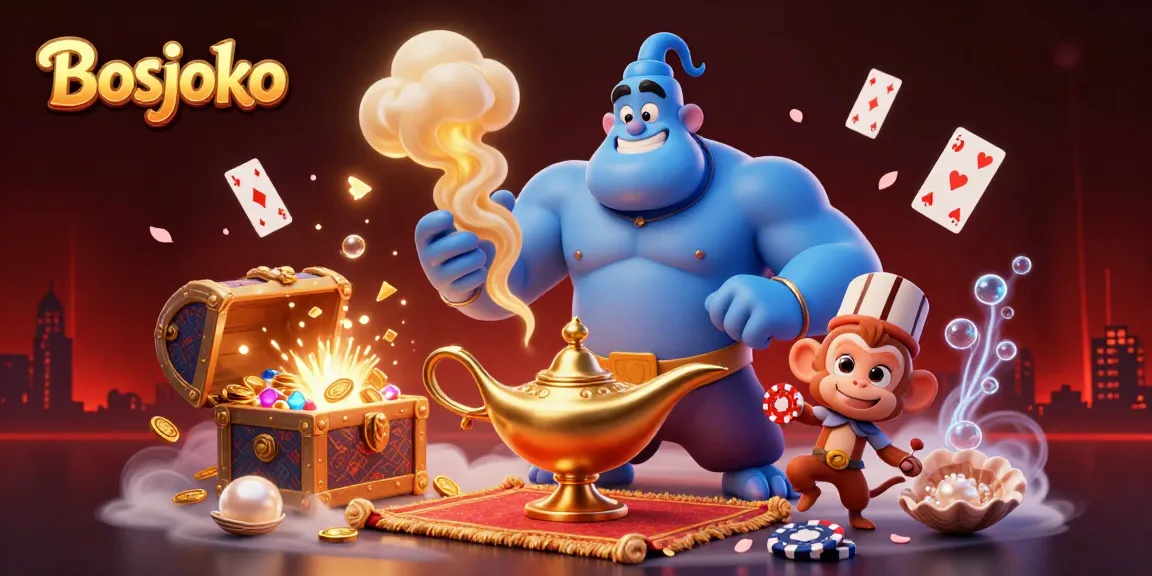 Engage with Bosjoko's vibrant casino scene featuring a genie, monkey, and poker chips.