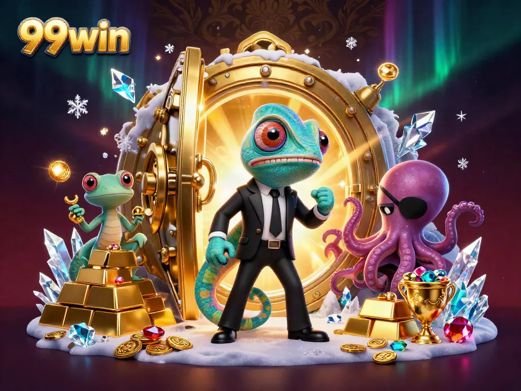 Experience the thrill of 99win with dynamic casino characters amidst a treasure-filled scene.