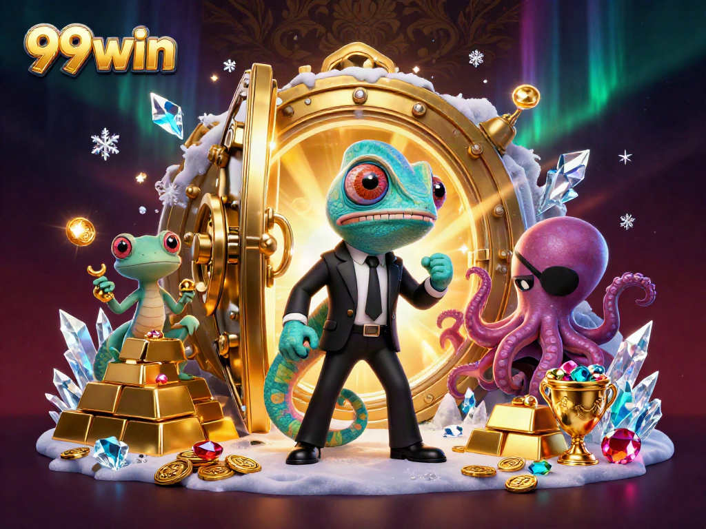 Experience the thrill of 99win with dynamic casino characters amidst a treasure-filled scene.