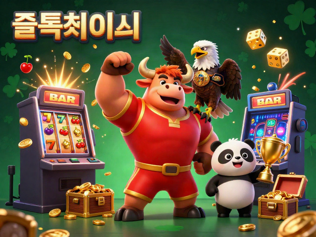 Experience the thrill of 슬롯사이트 with a vibrant 3D scene featuring a muscular bull, eagle, and panda celebrating wins.