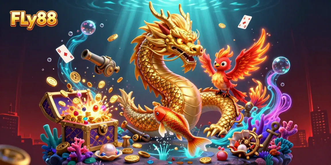 Engage with FLy88’s gaming adventure featuring a dragon, koi fish, and phoenix amid treasure.